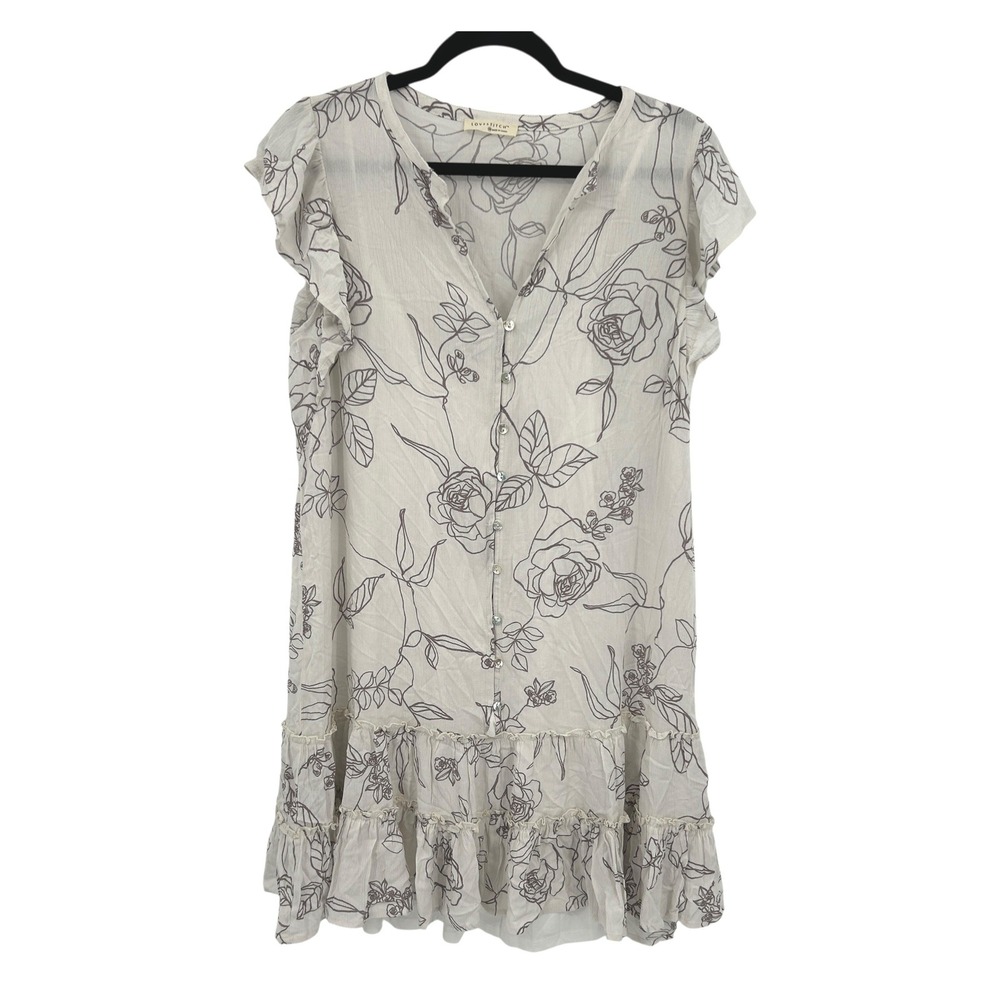 Cottagecore Ruffle Mini Dress M Gray Floral Button Front Romantic Boho‎ Prairie